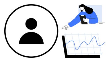 Profil amblemi, tablet tutan kişi ve artan çizgilerle grafikteki eğilimleri gösteren kişi. İş, yönetim, analiz, veri incelemesi, kullanıcı profili, ilerleme izleme, basit iniş sayfası için ideal