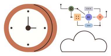 Klasik saat, bulut çizgisi ve zaman yönetimi, veri akışı ve bulut hesaplamasını sembolize eden yapay zeka iş akışı diyagramı. Teknoloji için ideal, otomasyon, organizasyon, planlama yeniliği