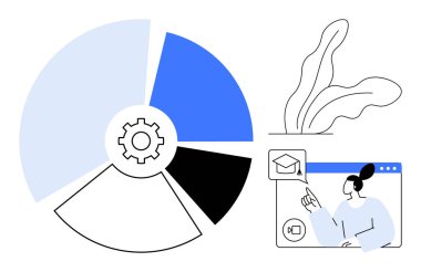 İçinde teçhizat olan pasta grafiği, bitki çizimi ve sanal öğrenme penceresinde bir kadın. Eğitim, uzaktan çalışma, teknoloji, veri analizi, e-öğrenim büyüme ekip çalışması için idealdir. Basit düz metafor