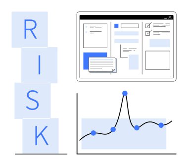 Yığılmış RISK blokları, veri noktaları olan bir çizgi çizelgesi ve bir web arayüzü düzeni. İş analizi, planlama, izleme, yönetim, strateji, karar verme metaforu için ideal