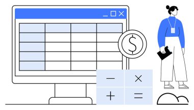 Hesap tablosu, matematik sembolleri, dolar işareti olan bilgisayar ekranı. Yanında tablet tutan kişi. Finans, muhasebe, iş analizi, bütçe hesaplama, muhasebe yatırım vergisi için ideal