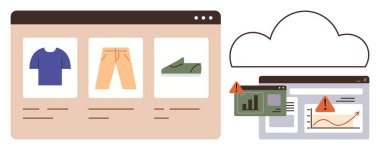 Elektronik ticaret sitesi, giysi ürünleri, bulut depolama ve dijital platformlardaki veri analizlerinin üzerinde uyarı simgeleri. Siber güvenlik, çevrimiçi alışveriş, veri analizi, bulut hesaplaması ve risk için ideal