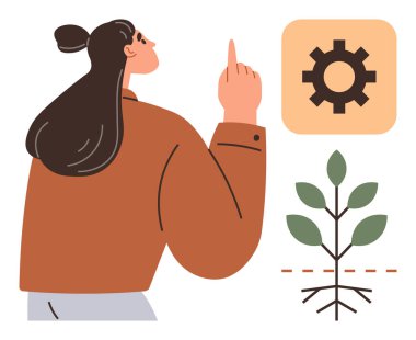 Dişli renklendirme süreci ve stratejisi ile birlikte bitkiyi sembolize eden bir kadın. Yenilik için ideal, sürdürülebilirlik, planlama, takım çalışması, iş büyümesi, ekoloji