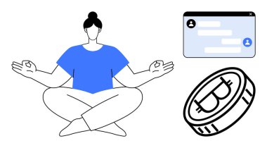 Yoga pozunda meditasyon yapan kişi, çevrimiçi konuşma için sohbet penceresi ve Bitcoin parası. Farkındalık, dijital finans, iletişim, engelleme zinciri, rahatlama, farkındalık uygulamaları için ideal basit