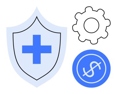 Sağlık haçı, vites sembolü ve sağlık hizmetini, sistem operasyonlarını ve finansal sigortayı simgeleyen dolar parası olan bir kalkan. Sigorta, sağlık, güvenlik, teknoloji finans sektörü için ideal