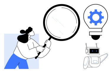 Elinde büyüteç, robot, içinde teknoloji, araştırma ve yenilikleri temsil eden ekipman bulunan ampul tutan bir kadın. Yenilik, teknoloji, robot bilimi, yapay zeka yaratıcılığı araştırma çözümleri için ideal