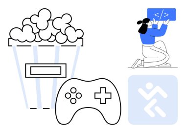 Oyun kontrolörünün yanında patlamış mısır kovası, masada kodlanan bir kişi ve soyut bir teknoloji ikonu. Eğlence, oyun, kodlama, hobiler, teknoloji kültürü, yaratıcılık için ideal basit iniş sayfası