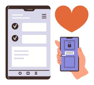 Bir akıllı telefon kontrol listesi gösterir, diğeri ise güvenli bir uygulamanın kilidini açar. Turuncu kalp güveni simgeler. Teknoloji, veri güvenliği, mobil uygulamalar, ilişkiler ve yenilik için ideal