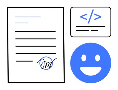 Signed document, coding snippet on card, and happy blue happy face. Ideal for contract, coding, digital agreement, e-signature, technology, communication simple landing page clipart svg vector 
