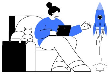 Dizüstü bilgisayar kullanan bir kadın, roket fırlatmaya doğru el kol hareketi yapıyor, kedisiyle kanepede oturuyor. Yenilik için ideal, uzak çalışma, yaratıcılık, teknoloji, girişimler, üretkenlik hayvanları basit düz metafor