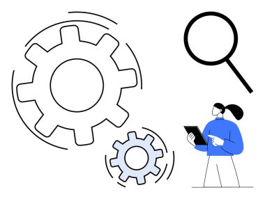 Büyük dönen dişliler ve büyüteç, yenilikleri ön plana çıkarıyor. Mavi haplı iş kadını analizi vurguluyor. Mekanik, strateji, optimizasyon, problem çözme, yenilik için ideal