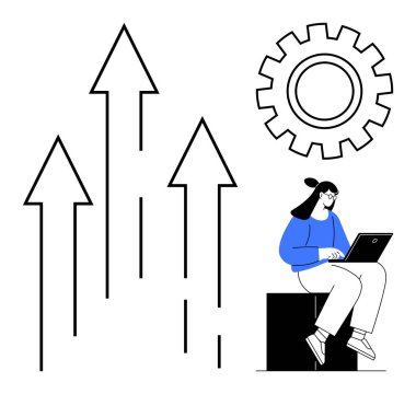 Yukarı doğru ok ve dişli ikonunun yanında dizüstü bilgisayar kullanan kadın büyümeyi, yeniliği ve verimliliği simgeliyor. İş büyümesi için ideal, takım çalışması, planlama, mühendislik, verimlilik, strateji basit
