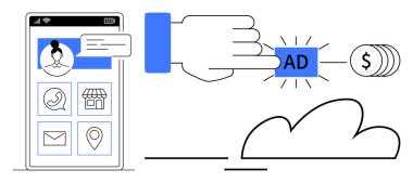 Mobil uygulama arayüzü ve dolar bozukluklarının yanında parlayan dijital reklam düğmesine basar. Pazarlama, reklam, e-ticaret, para kazanma, dijital büyüme, veri analizi için ideal