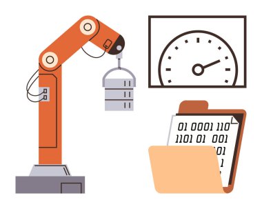 Robot kol kaldırma veritabanı simgesi hız göstergesi ve pano ile birlikte otomasyon, hız, robot bilimi, veri analizi ve teknolojiyi simgeler. AI, IOT, imalat ve dijital için ideal