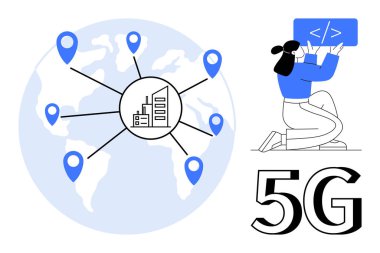 Ekranda programlayıcı kodlaması, bağlantı noktaları olan küresel harita ve 5G metin. 5G teknolojisi, küresel iletişim, ağ geliştirme, yazılım geliştirme, kodlama, yenilik için ideal basit iniş sayfası