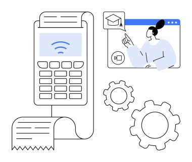 Kağıt makbuzlu kablosuz ödeme terminali, video tabanlı eğitim ekranı bir kişinin işaret ettiği ve iki vites simgesi. Mobil ödemeler, e-öğrenim, fintech, dijital araçlar, otomasyon için ideal