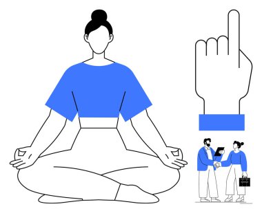 Lotus pozu veren sakin bir kadın, yukarı bakan bir el ve işbirliği yapan iki profesyonel. Sağlık, farkındalık, iletişim, iş, odaklanma ve takım çalışması için idealdir. Basit düz metafor