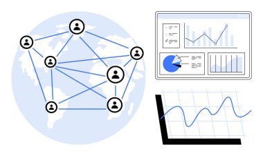 Bağlı insanlar simgeleri küresel olarak haritalandırıldı, analitik gösterge paneli raporlarla, çizgi grafiğiyle. Ağ oluşturma, işbirliği, iletişim, veri analizi, küresel bağlantı, basit takım çalışması için ideal