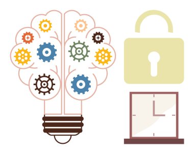 Vitesli ampul yeniliği simgeler, kilit güvenliği ve saati simgeler. Takım çalışması için ideal, yaratıcılık, verimlilik, planlama, koruma yenilikçiliği verimliliği. Basit düz