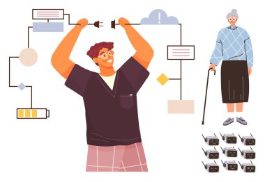 Elektronik parçaları birleştiren bir adam, yaşlı bir kadın taşınabilirlik yardımı, şarj seviyeleri, giyilebilir cihazlar. Teknoloji, yenilik, sağlık, bağlantı, enerji verimliliği için ideal