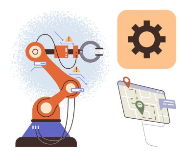 Devreli ve uyarı sinyalli robot kol, ayarlar için vites sembolü, navigasyon için pimi olan harita. Teknoloji, robot bilimi, otomasyon, yenilik, navigasyon yapay zekası ve mühendislik için ideal. Basit.