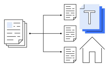 Tek bir belge, metin dosyaları ve bir ev yapısına bağlı kağıtlar yığılmış. Veri yönetimi, organizasyon, iş akışı, dijital arşivler, bağlantı, otomasyon için ideal