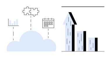 Çubuk grafiği, takvimi, grafiği, bulmaca parçalarını büyüme çubuğu grafiğine bağlayan bulut. Analiz, veri depolama, bulut teknolojisi, iş akışı entegrasyonu, iş büyümesi verimliliği için ideal basit