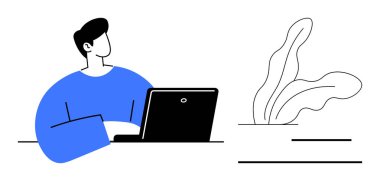Elinde dizüstü bilgisayarla oturan, işiyle meşgul, yapraklı bir bitki resminin yanında. Uzak çalışma, üretkenlik, yaratıcılık, odaklanma, minimalizm için ideal, modern tasarım basit düz metafor
