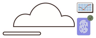 İlerleme çubuğu, parmak izi tarayıcısı ve grafik ekranlı bulut iskeleti. Güvenlik, analitik, teknoloji, yenilik, ağ oluşturma, dijital dönüşüm için ideal basit düz metafor