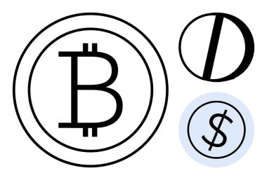 Bitcoin, dolar ve madeni para sembolleri temiz, minimalist tarzda düzenlenmiş. Finans, kripto para birimi, engelleme zinciri, yenilikçi fintech yatırım ve teknoloji için idealdir. Basit düz metafor