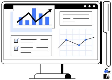 Gelişme çizelgesi, kontrol listesi ve ilerleme izleme ve analizini gösteren çizgi grafiğini gösteren bilgisayar ekranı. İş analizi, strateji, performans, pazarlama, araştırma, başlangıç için ideal
