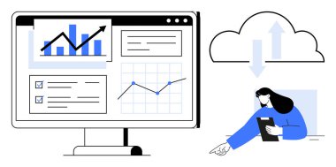 Bilgisayar ekranında grafikler, kontrol listeleri ve analitik bulut var. Okları yükleyen kadın pano tutuyor ve süreci analiz ediyor. Veri yönetimi, bulut depolama ve finansman için ideal
