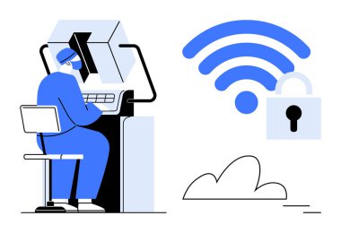 Bilgisayar çalışma istasyonunda kablosuz ağlara, bulut depolamasına ve veri şifrelemesine güvenli erişim sağlayan kişi. Teknoloji, siber güvenlik, veri koruması, internet gizliliği ve bilişim desteği için ideal