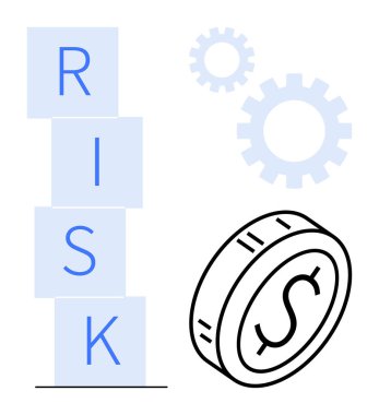Yığınlanmış bloklar RISK 'i 1 dolarlık madeni para ve dişlilerin yanına koyuyor, finansal strateji, karar verme, iş analizi, sürdürülebilirlik, risk yönetimi, yenilik kavramlarını öneriyor