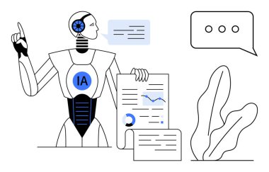 Yapay zeka robotu konuşma baloncuklarıyla iletişim kurarken çizelgeleri, belgeleri ve analizleri açıklıyor. Teknoloji, veri analizi, makine öğrenimi, otomasyon, gelecekteki yenilik, yapay zeka iletişimi için ideal