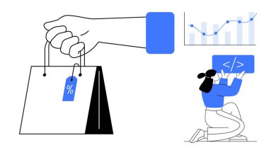 İndirim etiketli el çantası, şifreli çalışan kadın ve yukarı doğru veri grafiği. E-ticaret, kodlama, analitik, pazarlama, iş stratejisi, veri büyümesi ve basit bir iniş sayfası için ideal