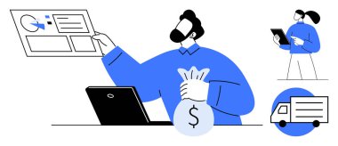 Bilgisayarla veri analiz etmek, para çantası tutmak. Tabletteki asistan gözlemi. Teslimat kamyonu kaynakları. İş stratejisi, lojistik, yönetim, tedarik zinciri ve finans için ideal