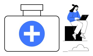 Bilgisayarda çalışan kadının yanında haç olan tıbbi çanta. Dijital sağlık, teletıp, çevrimiçi danışma, sağlık hizmetleri, uzaktan çalışma, teknoloji, basit düz metafor için ideal