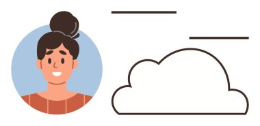 Bulutların ve yatay çizgilerin yanında gülümseyen kadın portresi. Teknoloji, iletişim, bulut hesaplama, takım çalışması, dostane arayüz, çevrimiçi veri ve ağ kurmak için ideal. Basit düz metafor