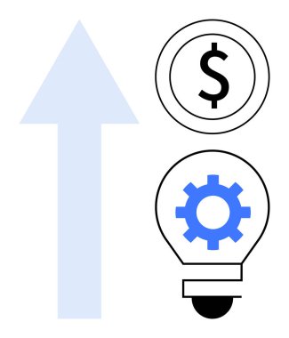 Yukarı doğru mavi ok, dolar sikke ve büyümeyi, yeniliği ve finansal başarıyı simgeleyen dişli ampul. İş stratejisi, ilerleme, yatırım, yaratıcılık finans yönetimi için ideal