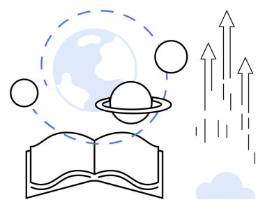 Gezegen, Dünya ve yörüngeli açık bir kitap. Yanında yukarı doğru giden oklar ve küçük bir bulut var. Bilgi, eğitim, büyüme, keşif, yenilikçilik yaratıcılık süreci için ideal basit düz metafor