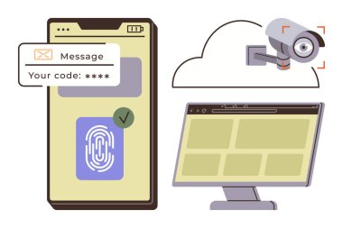 Parmak izi biyometrik tarayıcılı akıllı telefon, kod doğrulama, güvenlik kamerası ve bulut ağında masaüstü. Veri koruması, siber güvenlik, gizlilik, izleme ve kimlik doğrulama için ideal