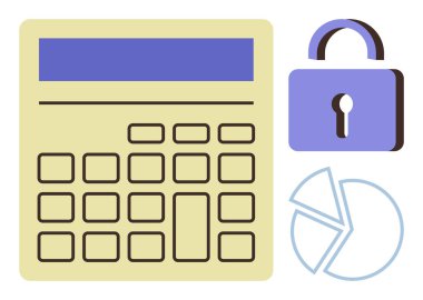 Finans, güvenlik, veri koruması ve analizi temsil eden hesap makinesi, kilit ve pasta grafiği. Mali yönetim, siber güvenlik, bütçe analizi yatırım planlama gizliliği için ideal