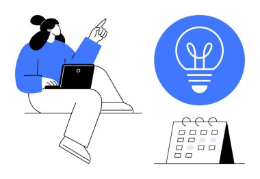 Jest yaparken dizüstü bilgisayarda çalışan biri, fikirleri sembolize eden mavi bir ampul simgesi ve yakınlarda bir takvim. Yenilik için ideal, zaman yönetimi, üretkenlik, beyin fırtınası, planlama, yaratıcılık