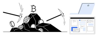 Kazmalar bir Bitcoin sembolü ile bir para dağına çarpıyor, engelleme arayüzlü bir dizüstü bilgisayar. Kripto para birimi, engelleme zinciri, madencilik, fintech, teknoloji, yenilik, basit düz metafor