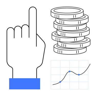 Yığılmış bozuk paralar, yükselen trend çizelgesi ve yukarı bakan eller. Finans, yatırım, tasarruf, büyüme, ekonomi planlama karı için idealdir. Temiz minimal biçim basit düz metafor sunar