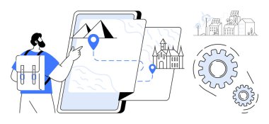 Sırt çantalı adam dijital haritalarla etkileşime giriyor. Yer belirleme noktaları, yer işaretleri ve yön yolları var. Seyahat, navigasyon, keşif, turizm, planlama, mobil uygulamalar için ideal