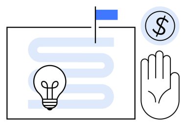 Ampul, eğri yolda bayrak, dolar para, ve yenilikleri temsil eden yükseltilmiş eller, hedefler, finansal planlama, bağlılık, takım çalışması liderlik ve sorumluluk. İş stratejisi için ideal