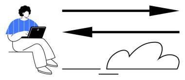 Açık havada dizüstü bilgisayar kullanan biri. Yön ve bulut elementini gösteren soyut oklar var. Uzak çalışma, bağlantı, veri transferi, karar verme, çevrimiçi işbirliği, hareketlilik için ideal