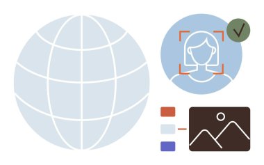 Yüz tanıma arayüzünün yanında onay işaretleri, belge erişimi ve dosya kategorizasyonu. Güvenlik, teknoloji, yapay zeka, dijital kimlik, küreselleşme ve ağ için ideal